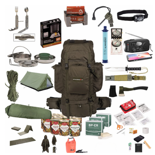 Noutrucksak "Extreme" Survival Rucksak mat Zelt, Schlofsak, Survival Kit, Noutratioune, Waasserfilter, Hygiène