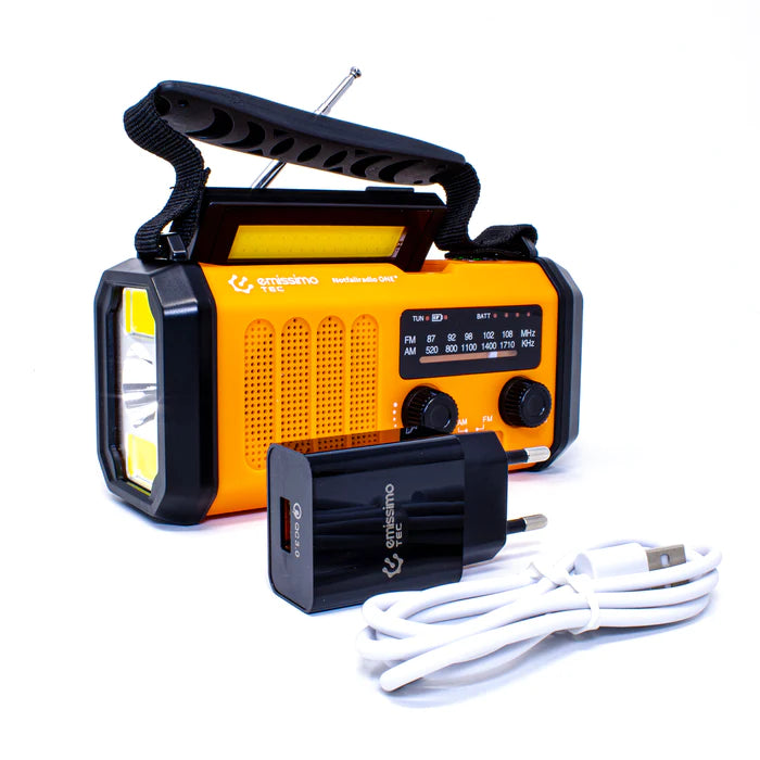 Ausverkauf: ReadyCharge Radio: Ein 5-in-1-Notfallradio-Set, das mit Handkurbel, Solarpanel und Strom betrieben wird. Enthält auch eine 10.000mAh Powerbank, Taschenlampe und Kompass.au