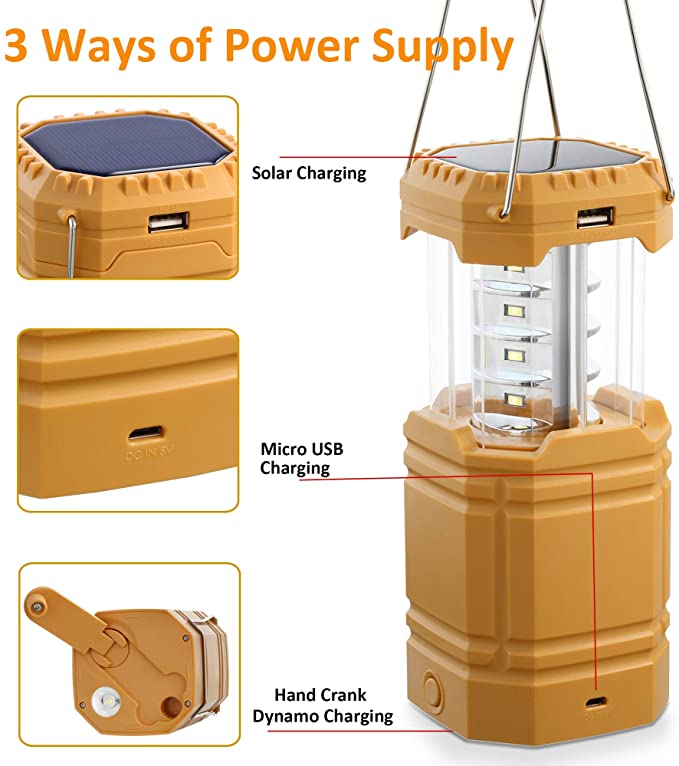 Solar Camping Hand Crank Lantern, Portable Ultra Bright LED Taschenlampe mat nofëllbar Batterie