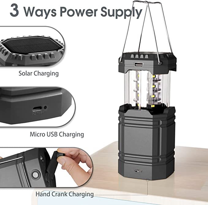 Solar Camping Hand Crank Lantern, Portable Ultra Bright LED Taschenlampe mat nofëllbar Batterie