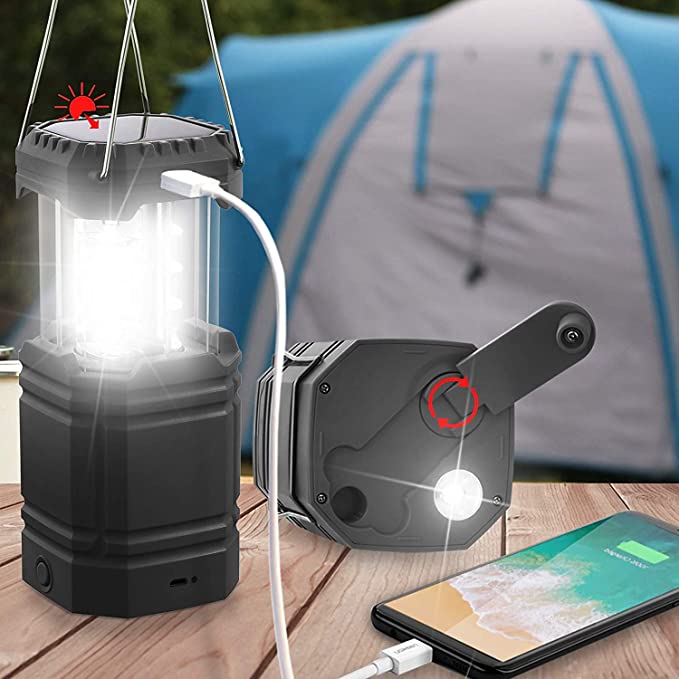 Solar Camping Hand Crank Lantern, Portable Ultra Bright LED Taschenlampe mat nofëllbar Batterie