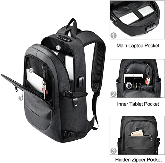 Laptop Rucksak Männer Waasser resistent géint Déifstall Schoul Uni Rucksak mat USB Opluedstatiounen Port a Spär 14/15.6 Zoll Laptop Bag fir Fraen Jongen Fräizäit Aarbecht Rees Rucksak Black