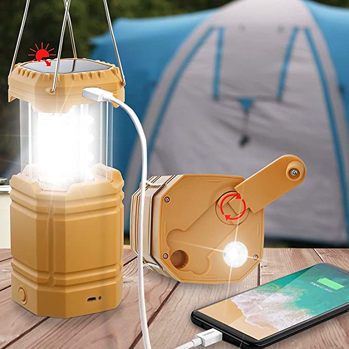Solar Camping Hand Crank Lantern, Portable Ultra Bright LED Taschenlampe mat nofëllbar Batterie