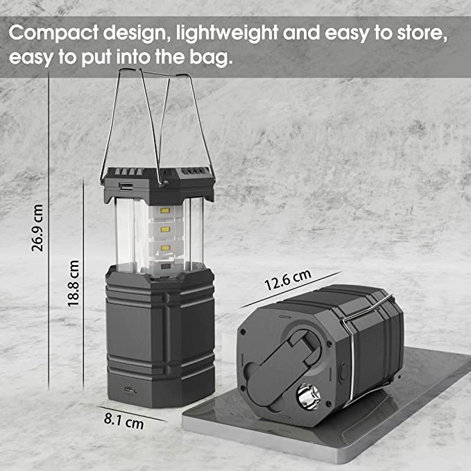 Solar Camping Hand Crank Lantern, Portable Ultra Bright LED Taschenlampe mat nofëllbar Batterie