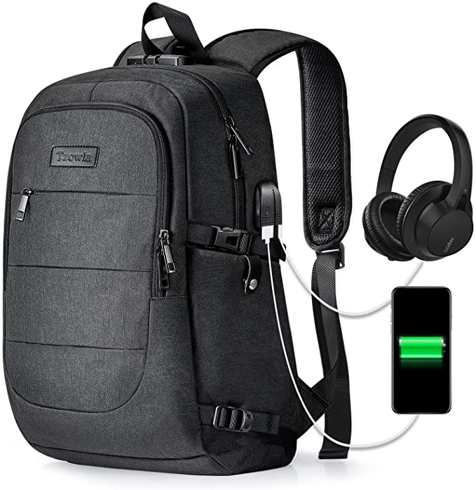 Laptop Rucksak Männer Waasser resistent géint Déifstall Schoul Uni Rucksak mat USB Opluedstatiounen Port a Spär 14/15.6 Zoll Laptop Bag fir Fraen Jongen Fräizäit Aarbecht Rees Rucksak Black