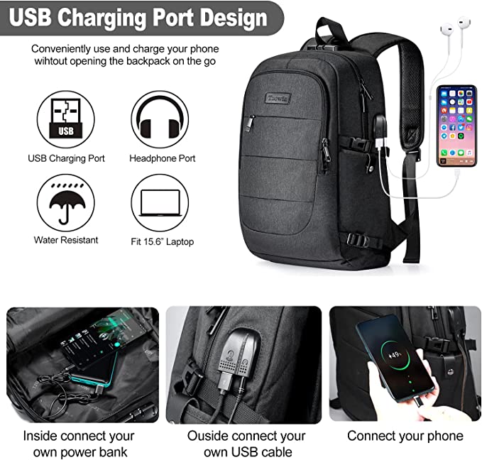 Laptop Rucksak Männer Waasser resistent géint Déifstall Schoul Uni Rucksak mat USB Opluedstatiounen Port a Spär 14/15.6 Zoll Laptop Bag fir Fraen Jongen Fräizäit Aarbecht Rees Rucksak Black