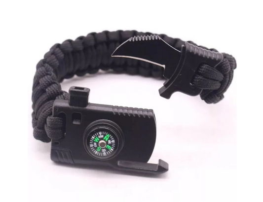 Multifunktionnelle Noutarmband mat Messer, Signalpfeif, Kompass a Flint - Iwwerliewensarmband - Noutarmband - Noutorientéierung / Noutfeier - Outdoor Armband - Schwaarz