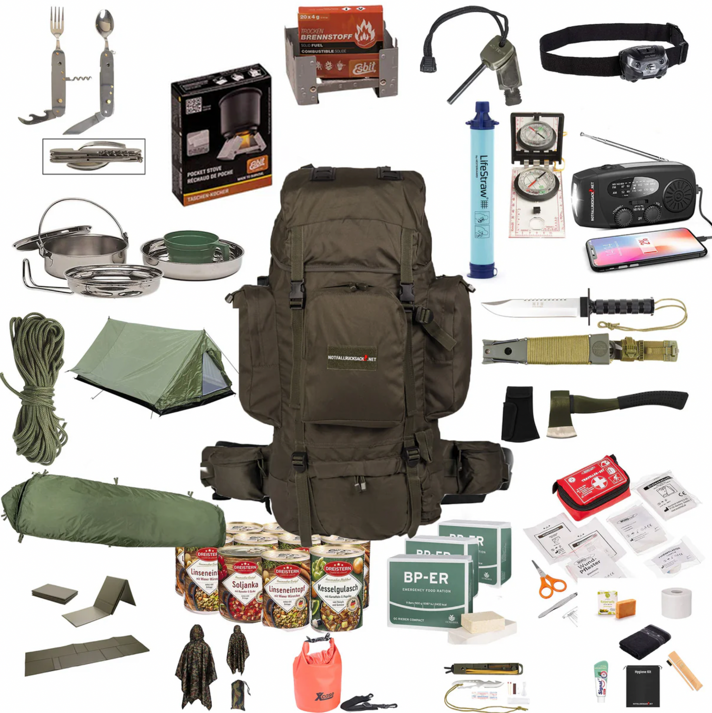 Noutrucksak "Extreme" Survival Rucksak mat Zelt, Schlofsak, ​​Survival Kit, Noutratioune, Waasserfilter, Hygiène