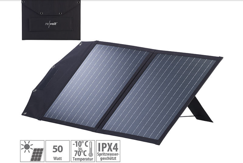 Klappbar Solarpanneau fir Noutkraaft - 2 monokristallin Solarzellen - MC4 Connector - 50 W