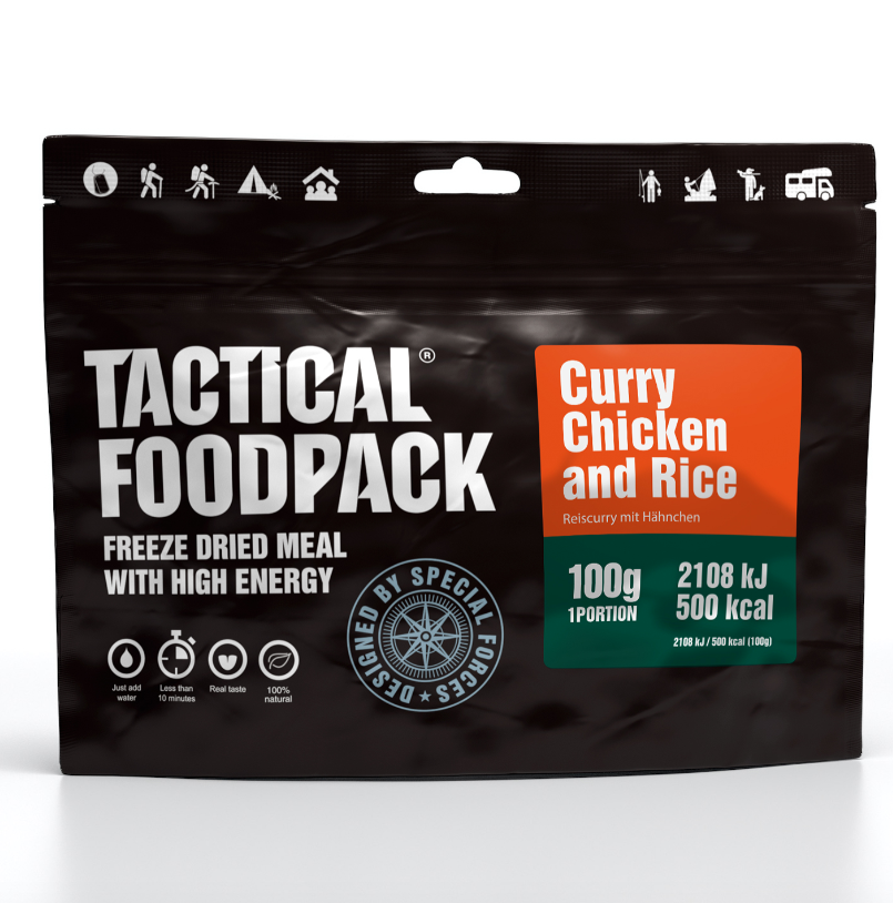 Räis Curry mat Poulet - 100 Gramm - Haaptplat/Main Plat - Moolzecht - Noutration/Noutfudder - Noutration/Noutfudder - Noutpack/Mealpack - Iessensration - Iwwerliewensration - Survival Liewensmëttel - Nährstoffer/Ernährung