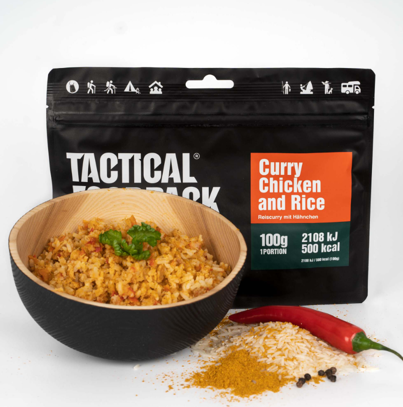 Räis Curry mat Poulet - 100 Gramm - Haaptplat/Main Plat - Moolzecht - Noutration/Noutfudder - Noutration/Noutfudder - Noutpack/Mealpack - Iessensration - Iwwerliewensration - Survival Liewensmëttel - Nährstoffer/Ernährung