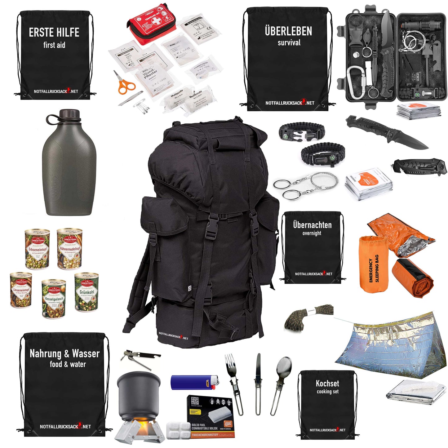 Survival Pack Rucksak gefëllt - inklusiv Iessen, Schlof, Éischt Hëllef -