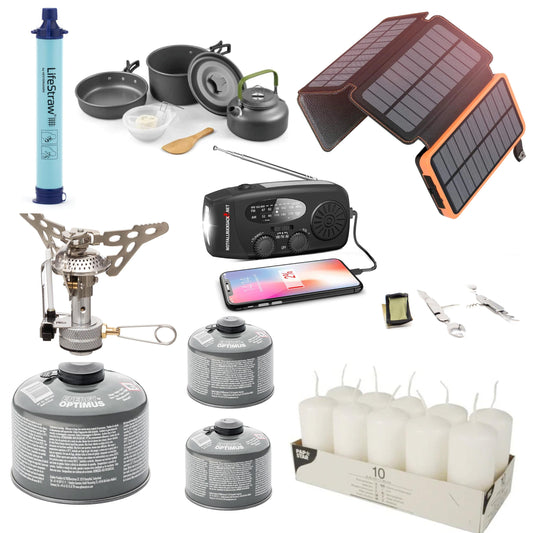 Stroumausfall Package Premium Blackout Kit - mat Gaskoker, Kachset, Besteck, Solarenergiebank, Waasserfilter, Käerzen a vill méi