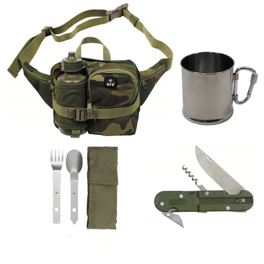 Hiking Kit Hip Bag mat Drénkfläsch 500ml mat Edelstahl Coupe an 3-Stéck Besteck mat Taschenmesser